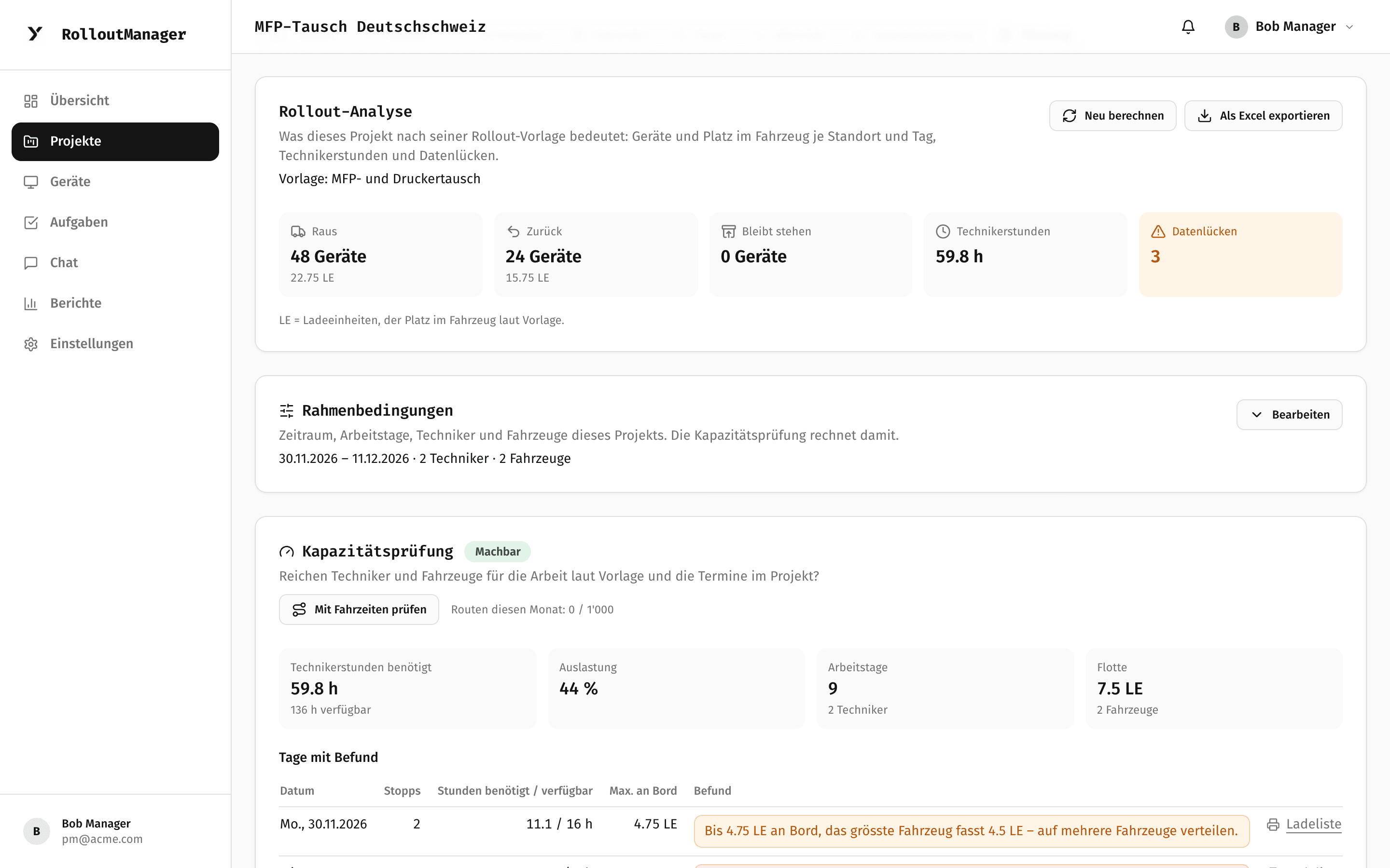 Rollout-Analyse im Reiter Planung: 48 Geräte raus mit 22.75 LE, 24 Geräte zurück, 59.8 Technikerstunden und 3 Datenlücken