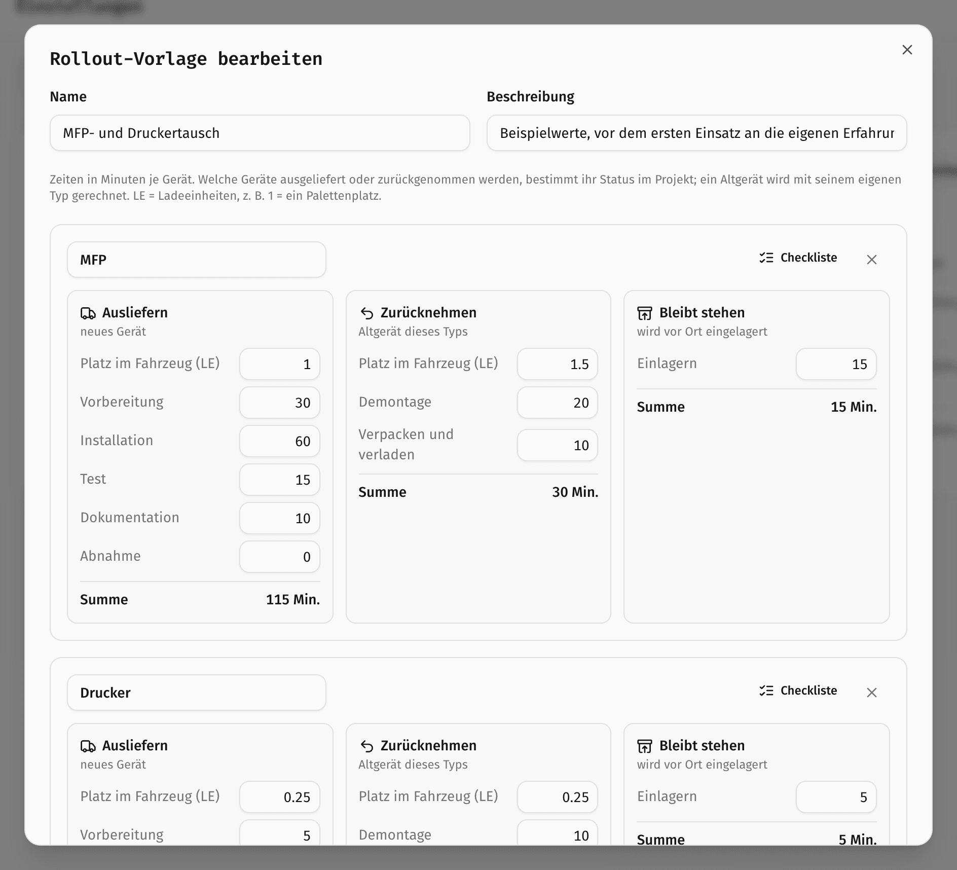 Editor einer Rollout-Vorlage: Gerätetyp MFP mit Ladeeinheiten und Minuten für Vorbereitung, Installation, Test, Dokumentation und Abnahme, daneben Zurücknehmen und Bleibt stehen