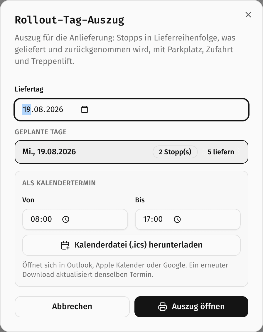 Dialog zur Auswahl des Liefertags mit Anzahl Stopps, Lieferungen und Rücknahmen sowie Kalender-Export